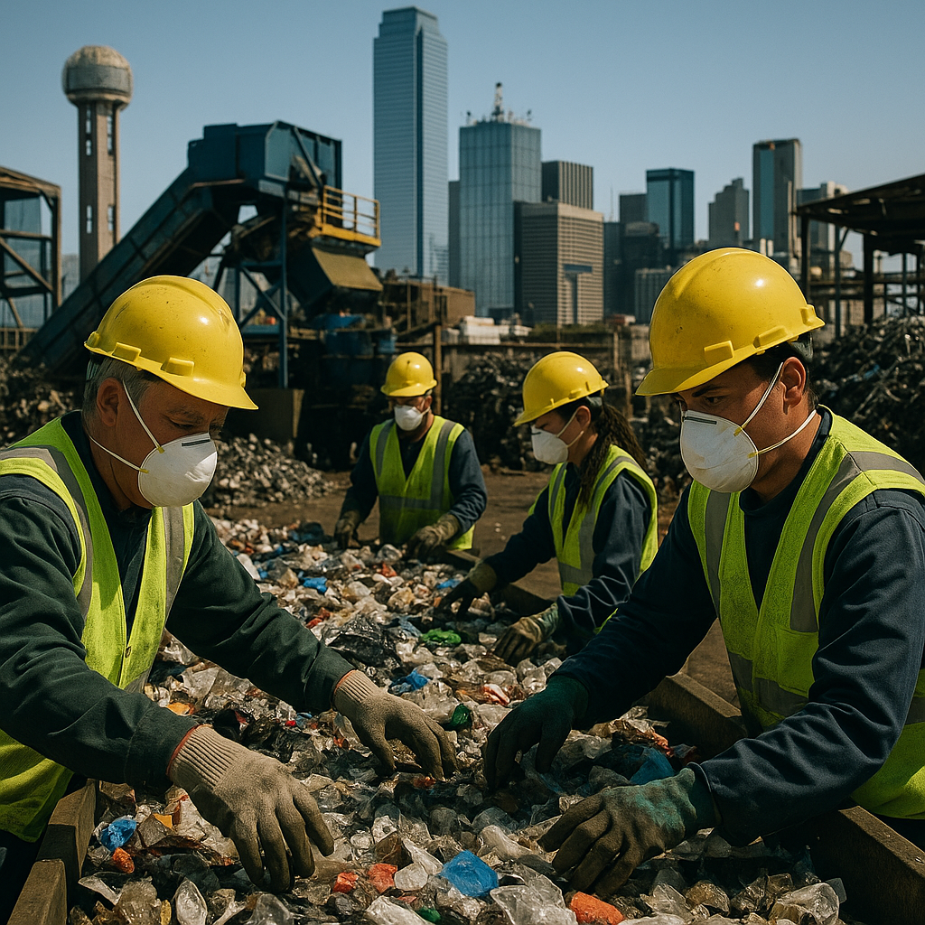 E‑waste and demolition waste are mixed at a waste recycling site in Dallas, TX