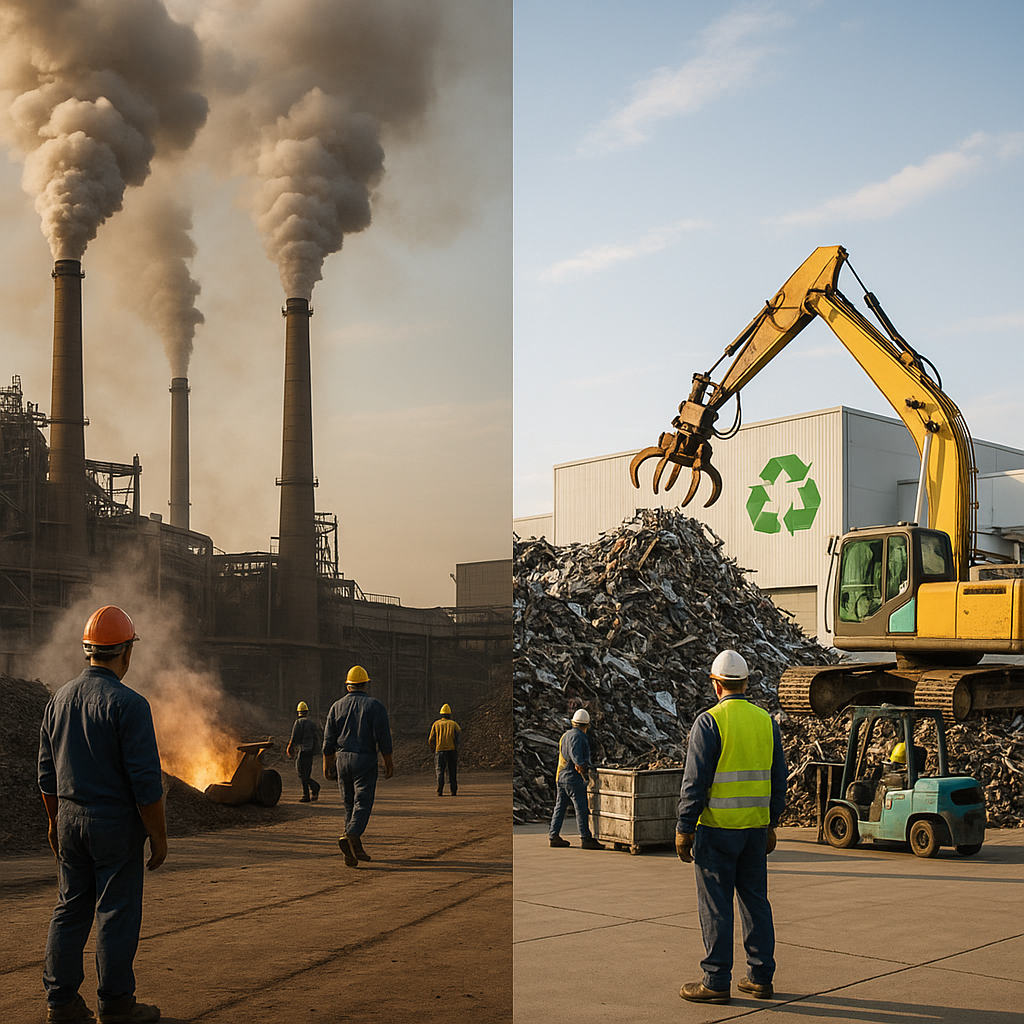 Industrial Steel Factory vs. Modern Recycling Plant Side-by-side comparison of a busy industrial steel factory with smokestacks emitting smoke next to a modern recycling plant processing scrap metal with clear air and sunlight.