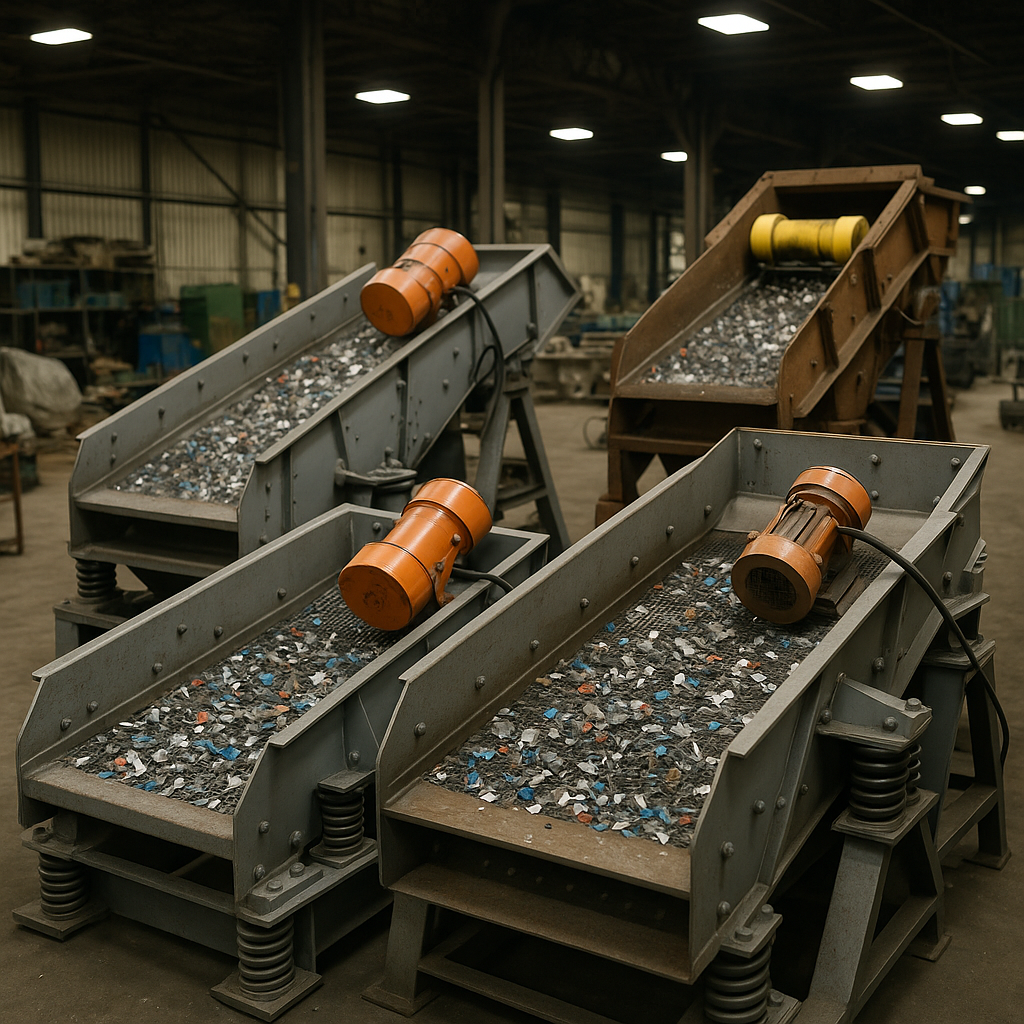 Industrial warehouse with large vibrating screens separating mixed scrap materials, including metal and plastic pieces.
