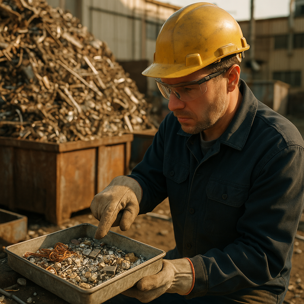 Worker Sorting Scrap Metal for Recycling Industrial worker examining sorted scrap on a tray beside a large pile of metal waste, pointing out valuable materials being separated from the waste stream.