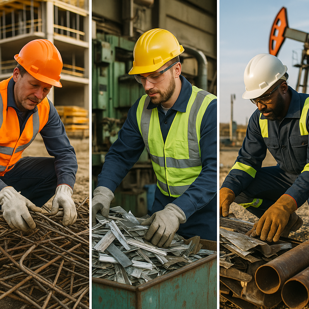 Montage of industry workers in construction, manufacturing, and oil and gas, wearing safety gear and handling metal materials for recycling.