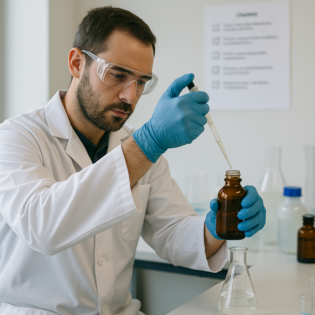 Liquid Transfer in Laboratory Setup Lab professional carefully transferring liquid from a bottle to a flask using a pipette in an organized workspace, with a checklist and step-by-step instructions on the wall.