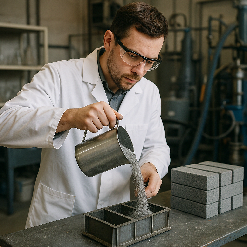 Laboratory Technique for Construction Brick Production Lab technician pouring refined salt slag into molds to create construction bricks in an industrial setting.