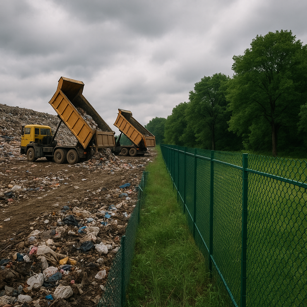 A landfill site with trucks dumping waste on one side and a fenced-off green area with trees on the other side under a cloudy sky.
