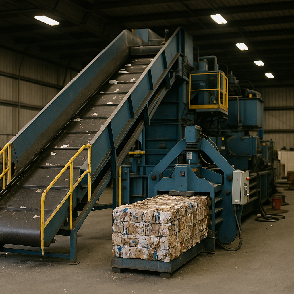 Large recycling machinery including conveyor belts, metal balers, and compactors operating inside a spacious industrial warehouse.