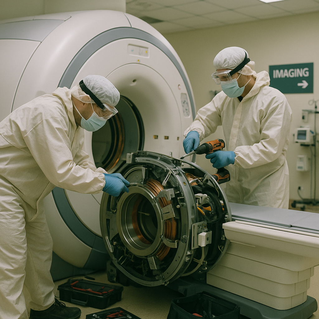 Dismantling an MRI Machine Medical engineers dismantling an MRI machine in a hospital imaging room, wearing protective gear and using visible tools.