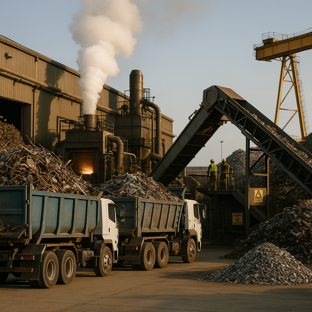 Stages of Metal Recycling Facility Metal recycling facility with collection trucks unloading scrap, melting furnace operation, and visible emissions rising from the furnace.