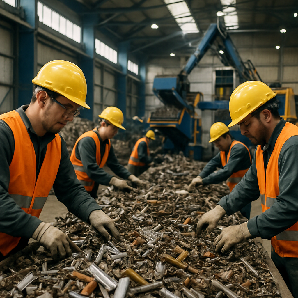 Metal Recycling Facility Interior Interior of a metal recycling facility with workers sorting metal and machines crushing and separating various types of scrap in a bright and organized environment.
