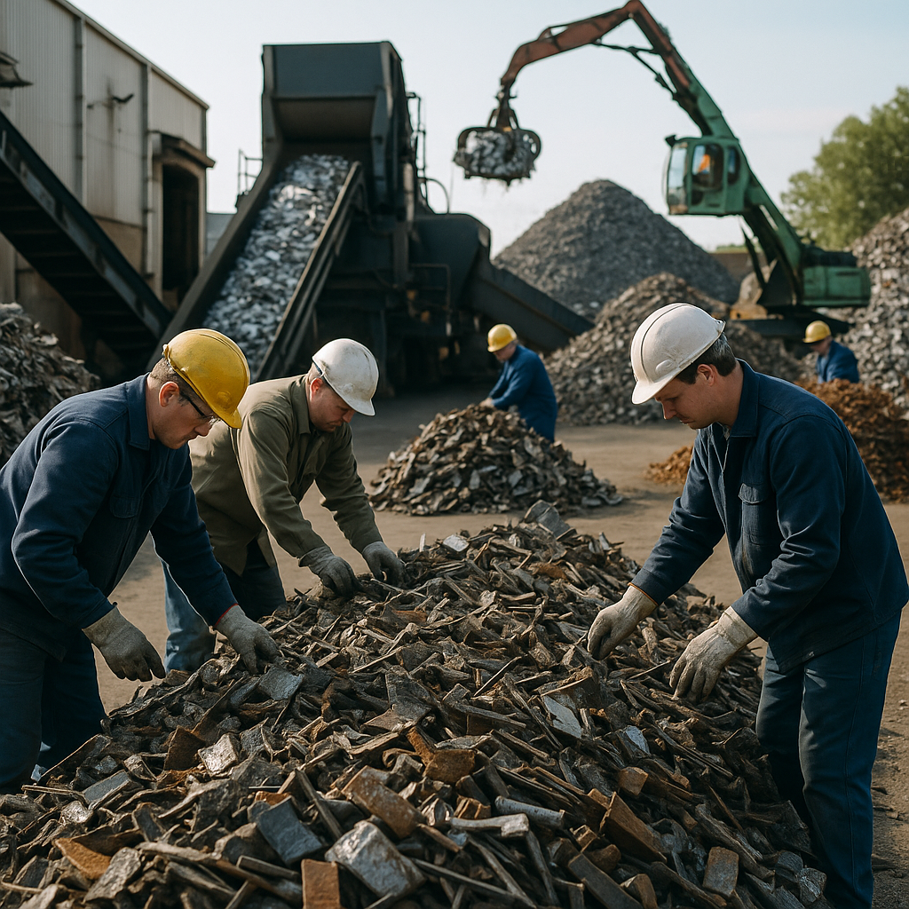 Metal Recycling Facility Scene A realistic scene of a metal recycling facility with workers sorting scrap metal, cranes loading crushed metal into a shredder, conveyor belts moving metal pieces, and separated metal piles in an industrial yard.