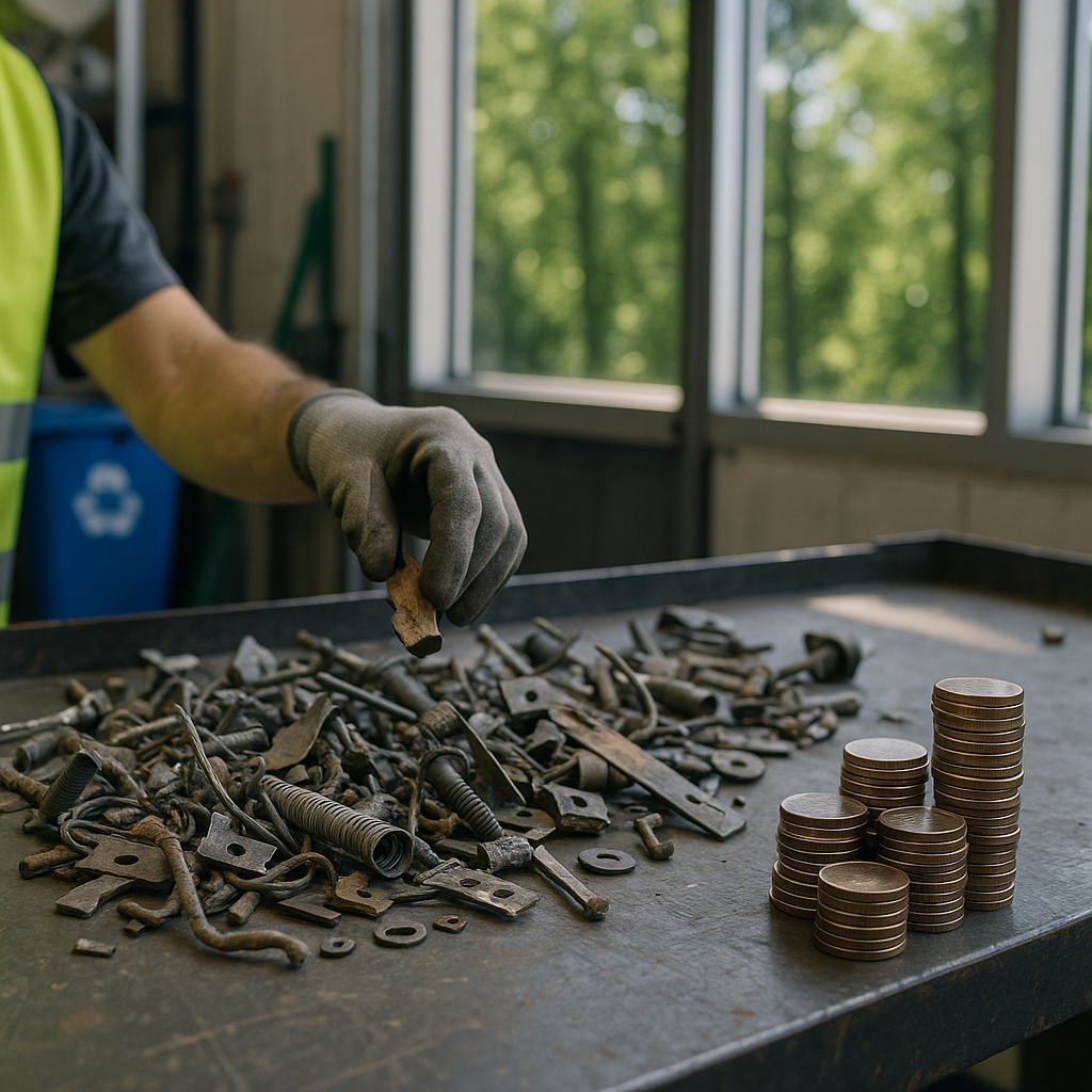 Close-up of metal scrap being sorted in a bright recycling facility with green trees visible through the windows and coins on a worktable.