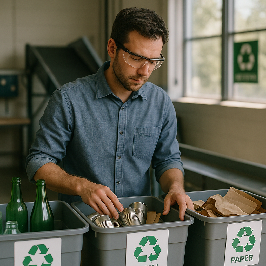 Technician examining neatly separated bins with clean glass bottles, metal cans, and paper in a modern recycling center.