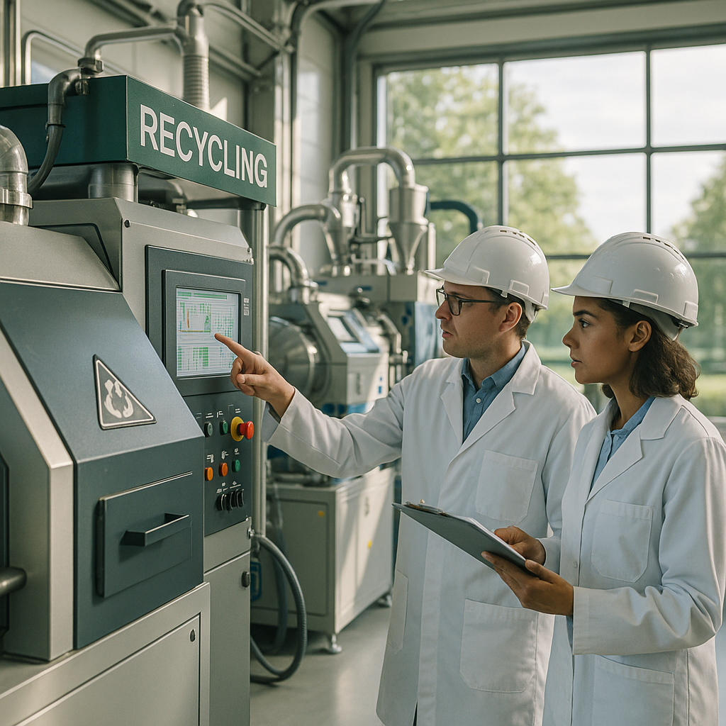Modern Recycling Facility with Clean Energy Technology Modern recycling facility with engineers inspecting advanced machines and green landscape outside, illuminated by hopeful sunlight.
