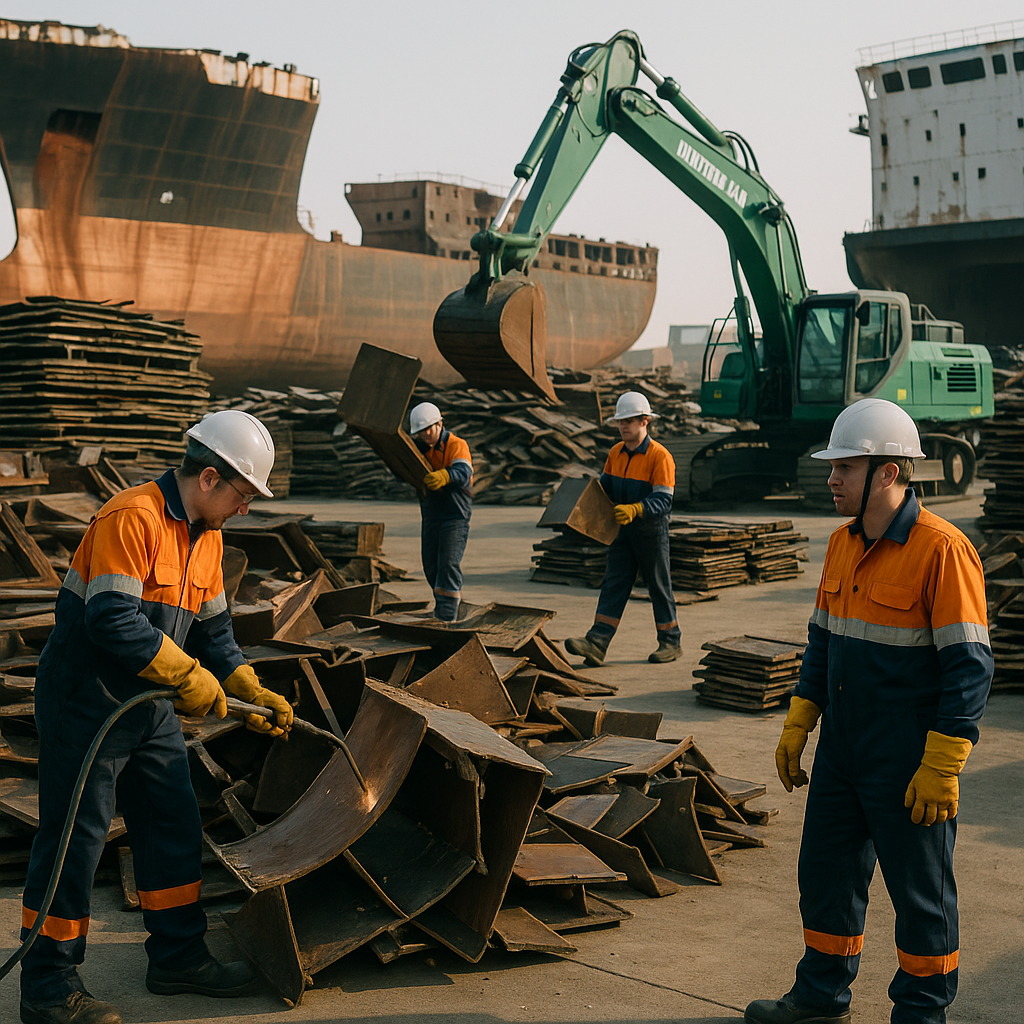 Modern Ship Recycling Facility Modern ship recycling facility with workers in safety gear and recycled metals in a clean environment