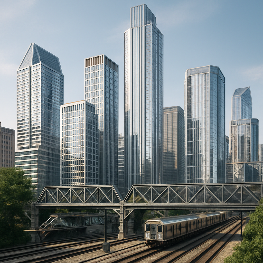 Modern city skyline featuring new buildings, train tracks, and bridges made from recycled steel, illuminated by sunlight to highlight sustainability.