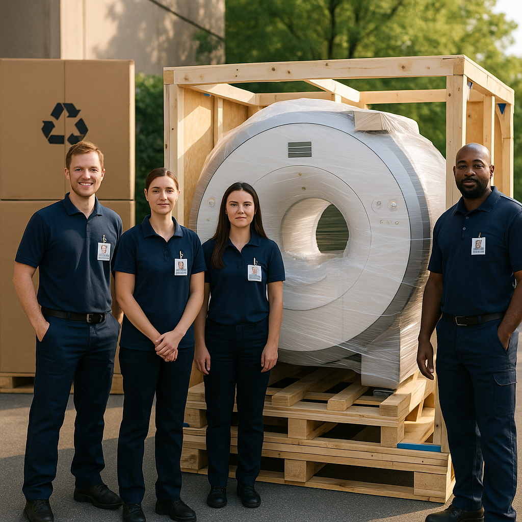 Professionals with MRI Equipment for Transport Team of professionals standing beside MRI equipment ready for transport, with recycling symbols and green trees in the background.