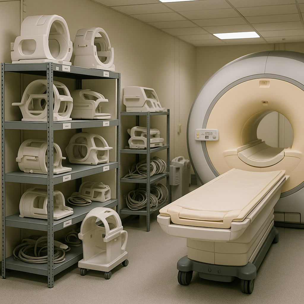 MRI Machines and Components in Hospital Storage A collection of MRI machines, coils, and medical components arranged in a clean hospital storage room.