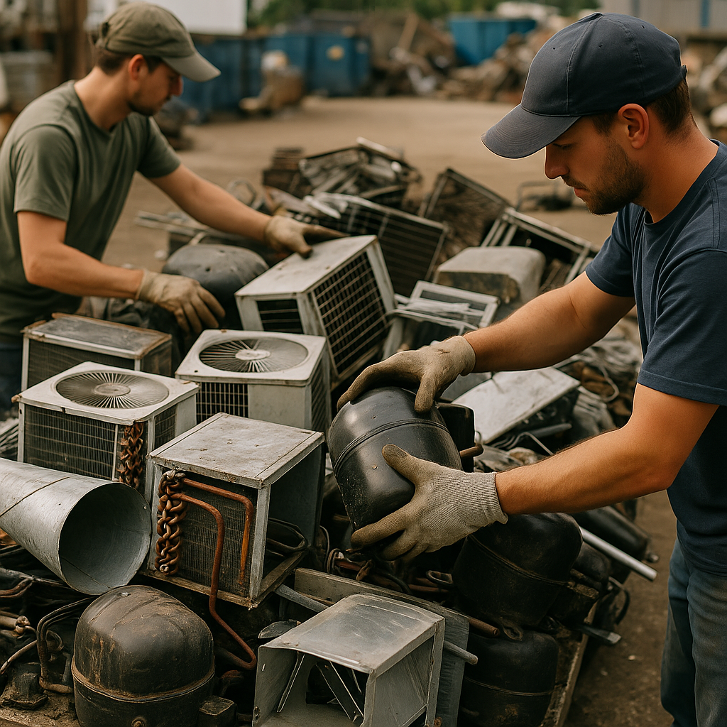 A variety of old HVAC units and metal parts, including compressors, copper coils, and aluminum ducts, stacked at a recycling facility with workers wearing gloves sorting materials.