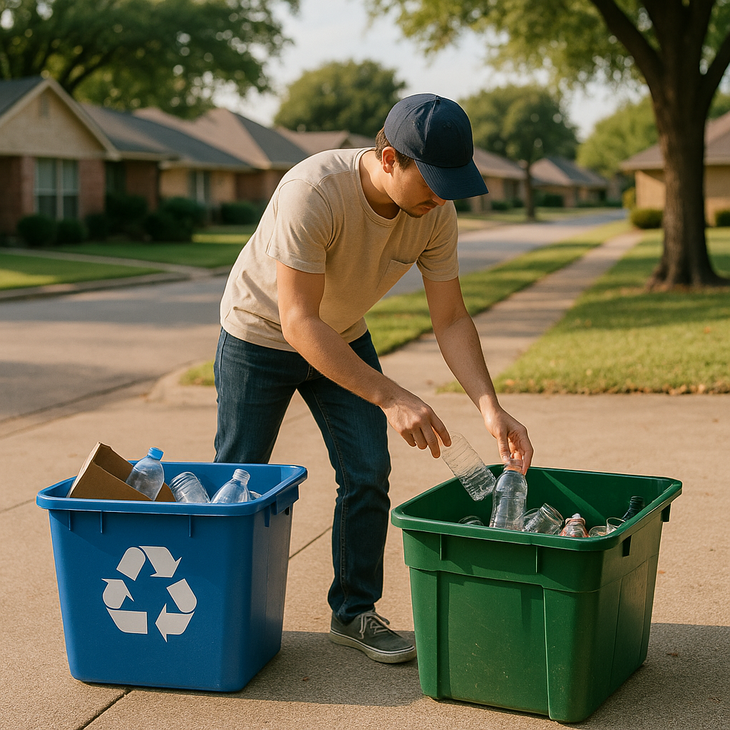Person sorting recyclables into blue and green bins in a suburban Dallas neighborhood
