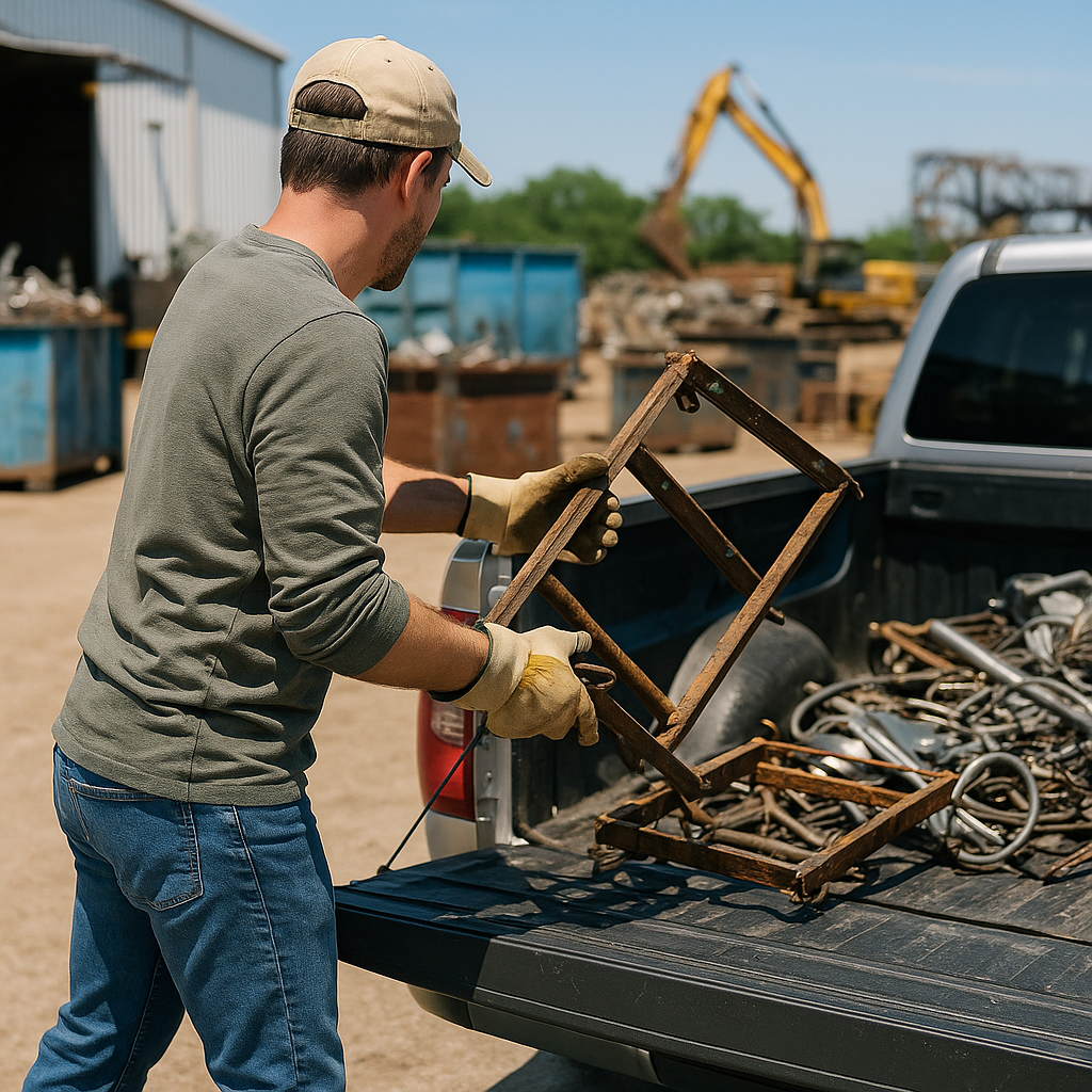 A person unloading scrap metal from a pickup truck at an industrial recycling facility under bright Texas daylight.