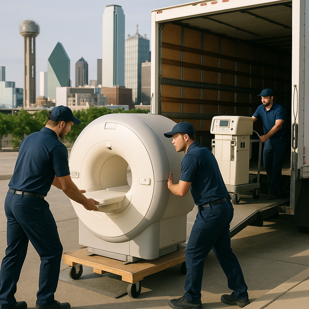 Professional Movers with Medical Equipment in Dallas Professional movers in uniforms loading large medical equipment, including MRI components, into a specialized truck with Dallas cityscape in background.