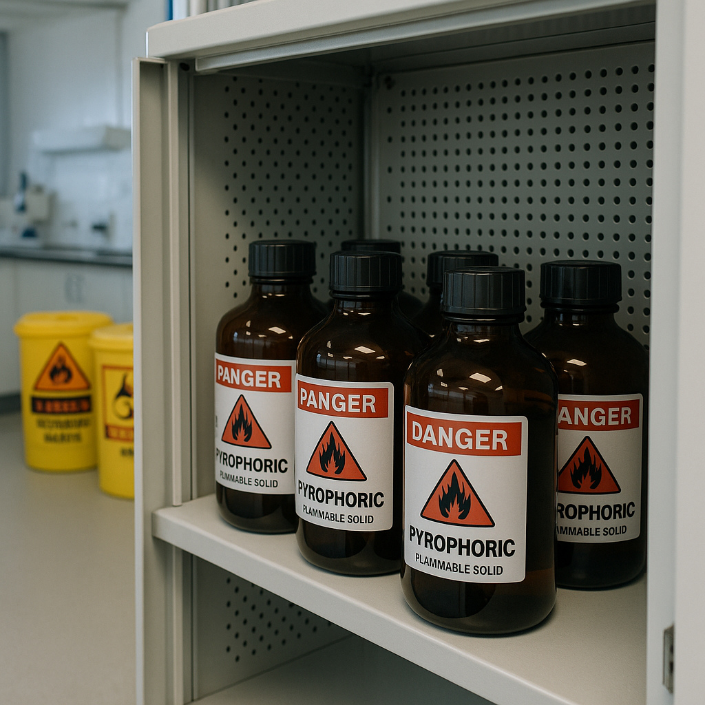Laboratory Safety with Pyrophoric Chemicals Pyrophoric chemical containers in a ventilated lab storage cabinet with hazardous waste bins marked with warning signs in a tidy laboratory setting.