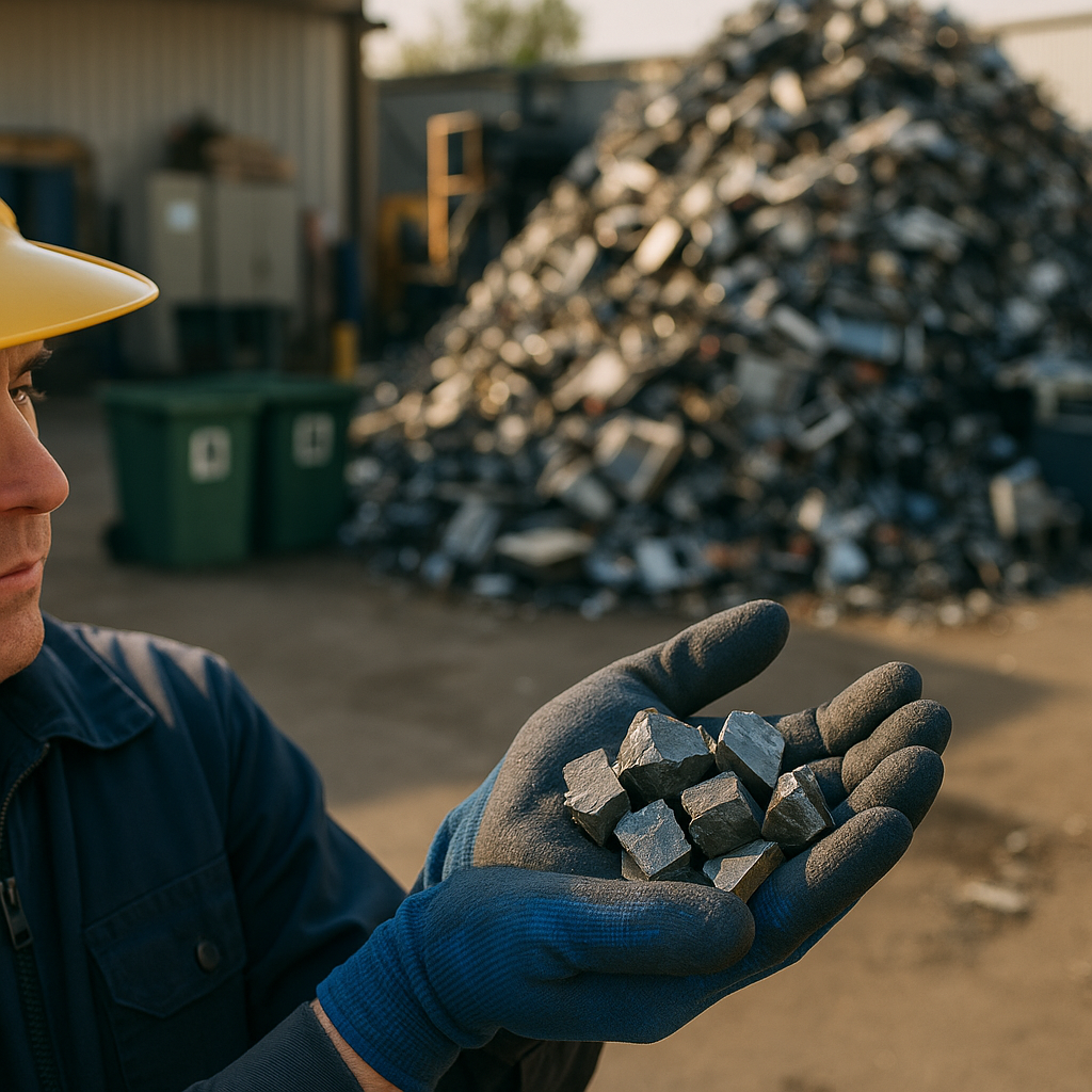 Contrast of Rare Earth Metals and Electronic Waste Worker holding handful of rare earth metal fragments, contrasted with an electronic waste pile, highlighting environmental responsibility.