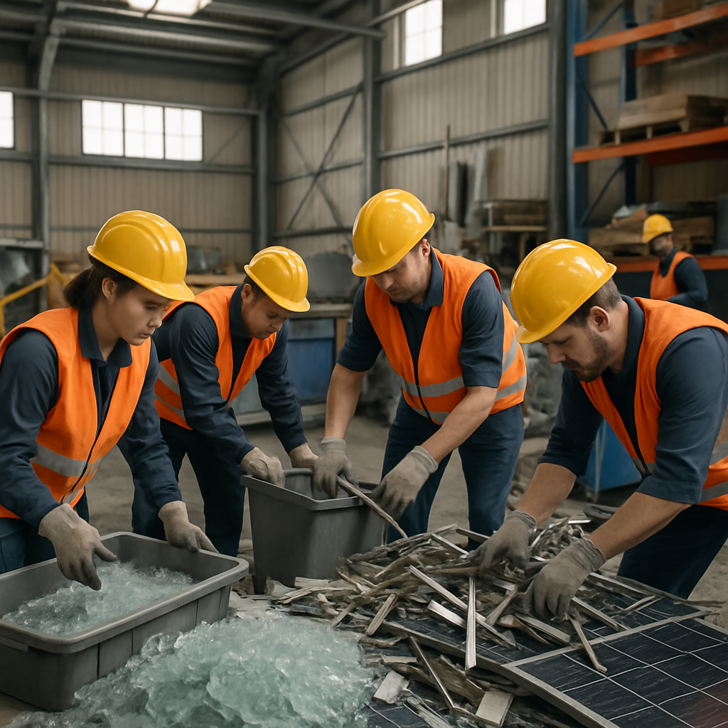 Reclaimed Materials from Solar Panels in Warehouse Sorted piles of reclaimed glass and metal from solar panels in a bright warehouse, with workers moving materials to focus on environmental sustainability.