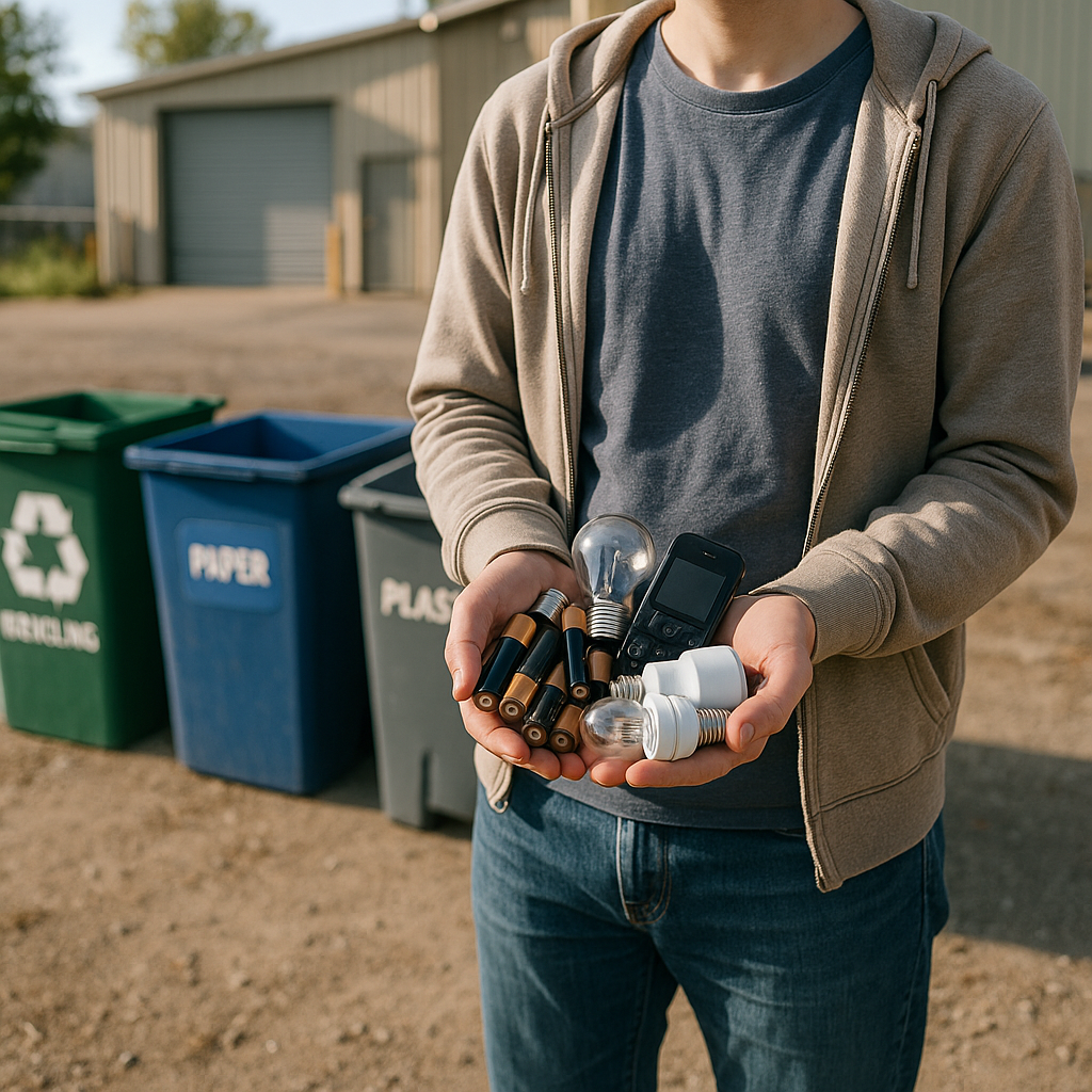 Recycling Unusual Items Person holding old batteries, light bulbs, and electronics next to a recycling facility with clear labeling in a realistic setting.