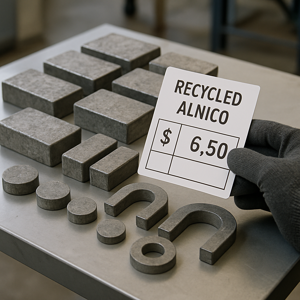 Recycled Alnico Metal Ingots and Magnets Recycled Alnico metal ingots and magnets arranged on a factory table with a gloved hand holding a price tag in a well-lit industrial setting.
