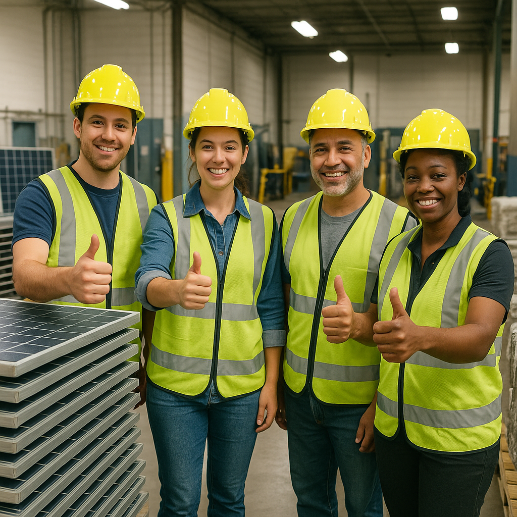Recycled solar modules stacked beside raw reusable materials in a clean warehouse, with workers showing thumbs up in an eco-friendly atmosphere.