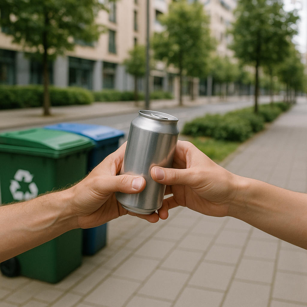 Hands passing a freshly recycled aluminum can to the next person, with a clean city background featuring recycling bins and green spaces.