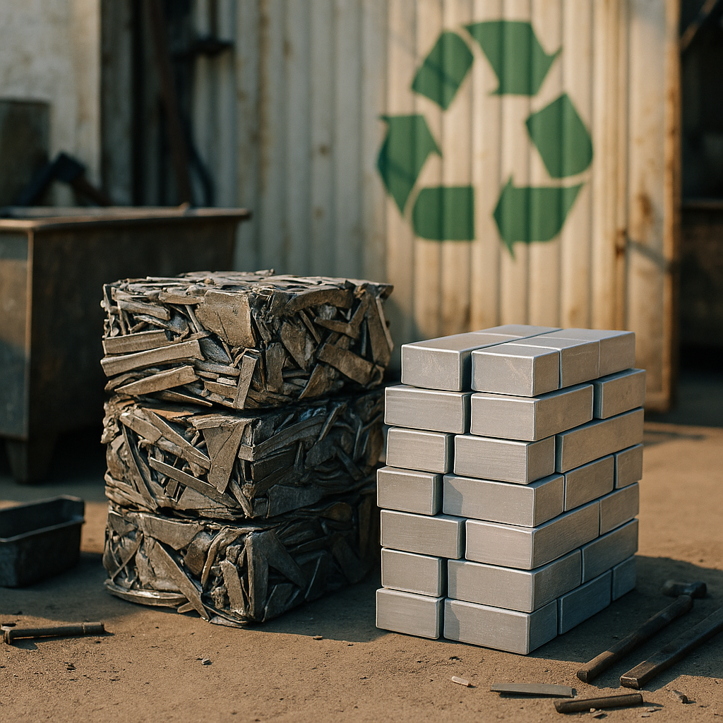 Recycled metal pieces stacked beside clean de-zinced parts with a green recycling symbol in the background in a sunlit industrial setting.