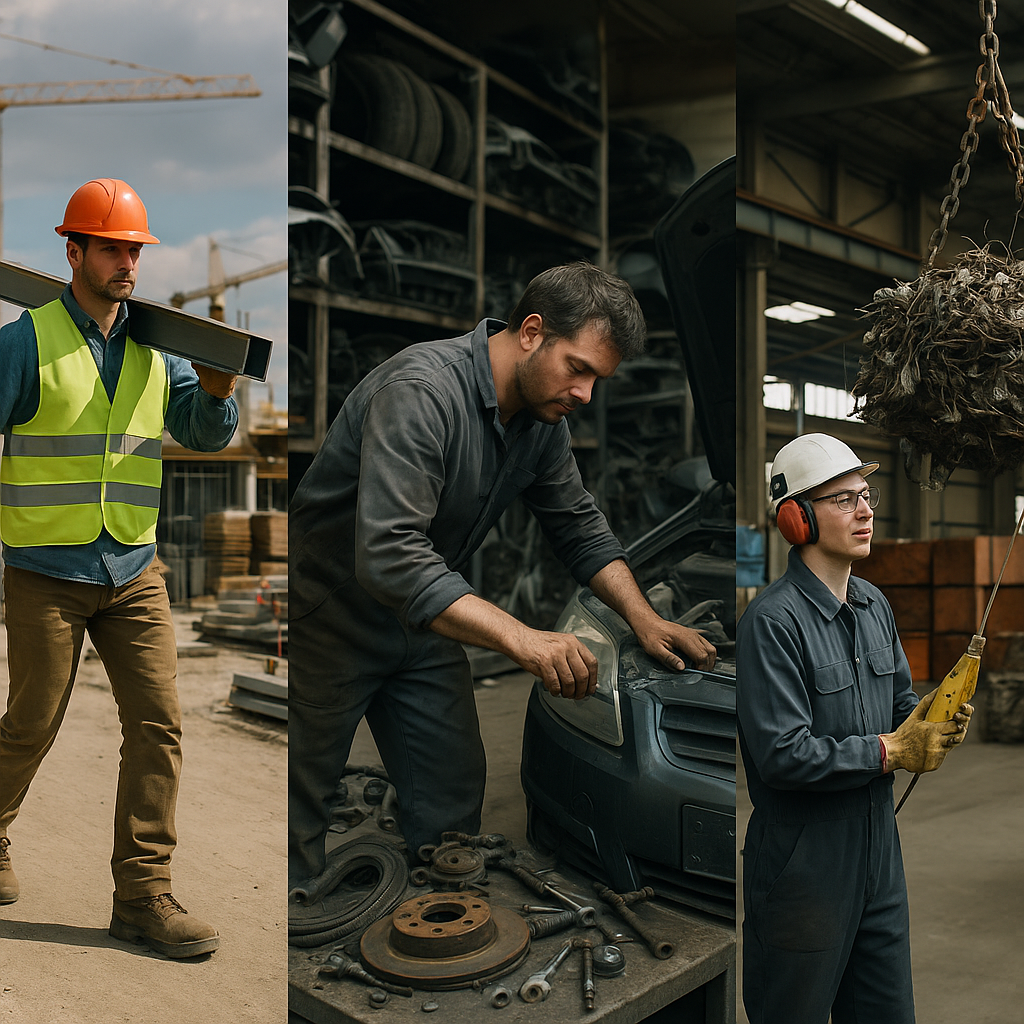 A montage showcasing construction workers, automotive technicians, and factory workers engaged in handling or transporting recycled metal in diverse environments.