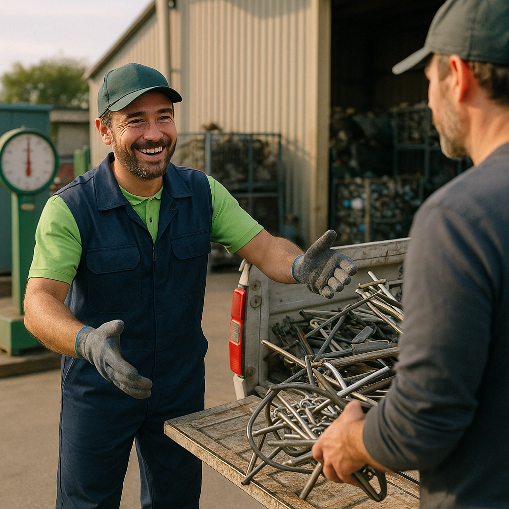 Friendly recycling center worker guiding customer unloading metal scraps from a truck, with a weighing scale and metal sorting area visible.