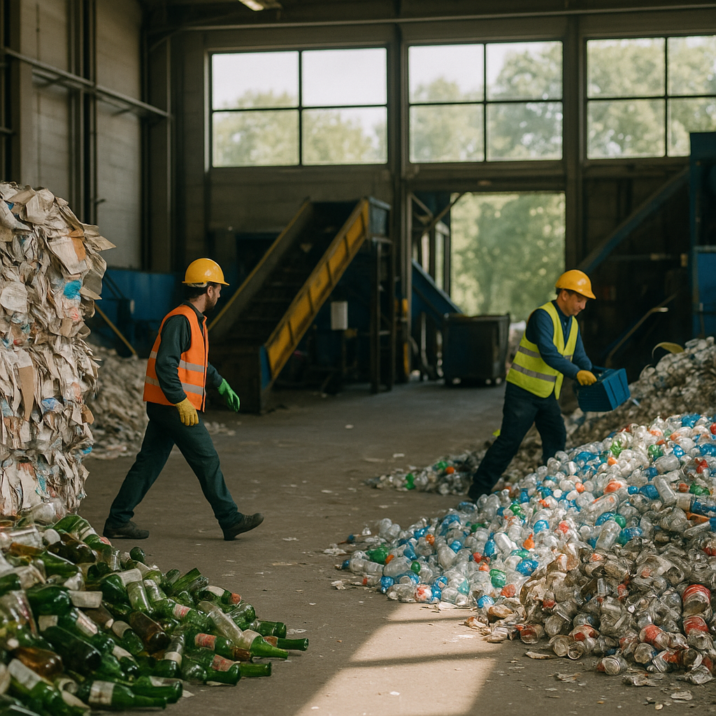 Interior of a recycling plant showcasing sorted piles of paper, glass, plastic, and metal with green trees visible through large windows