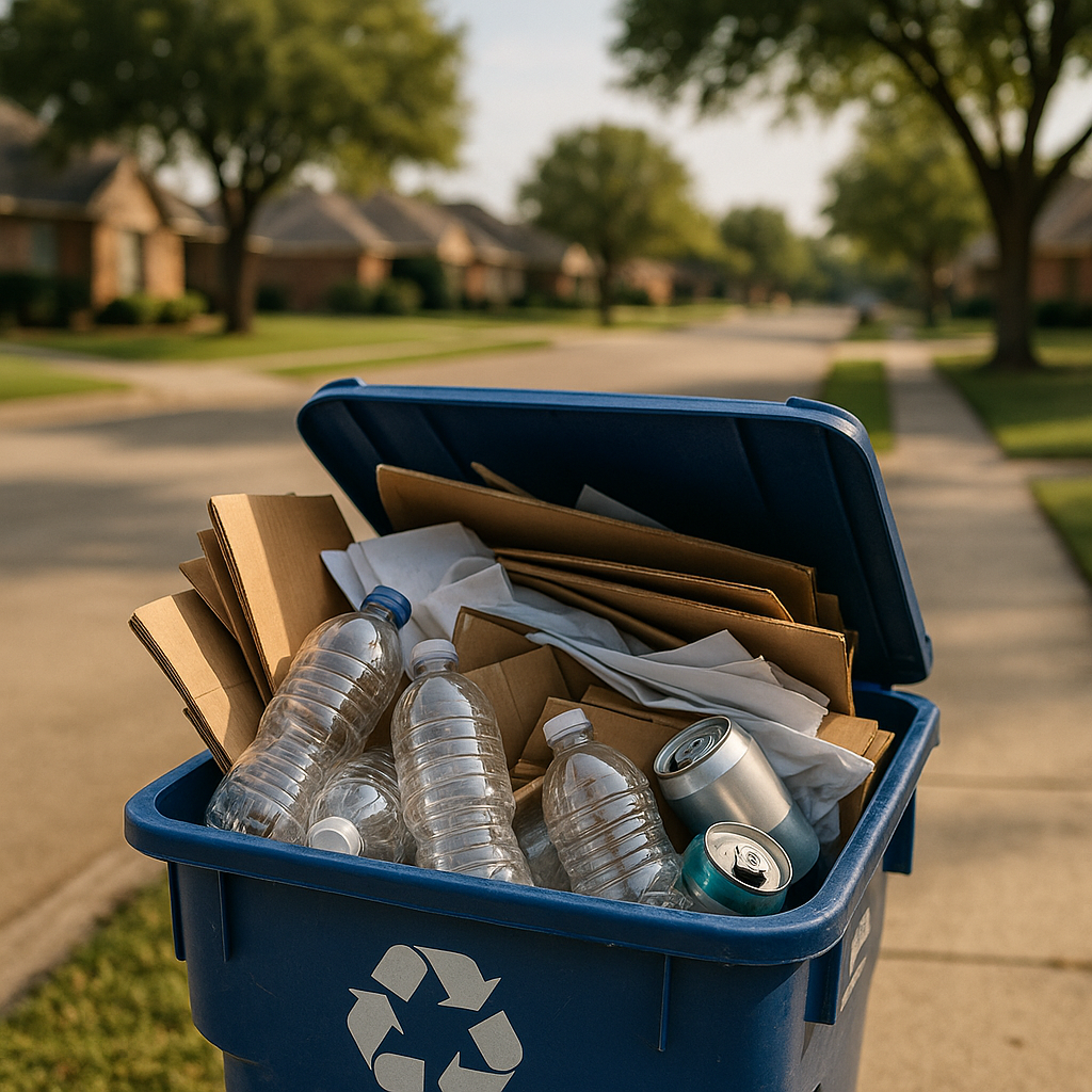 Open blue recycling bin filled with clean plastic bottles, cardboard boxes, paper, and aluminum cans on a suburban Dallas street, sunlight illuminating contents