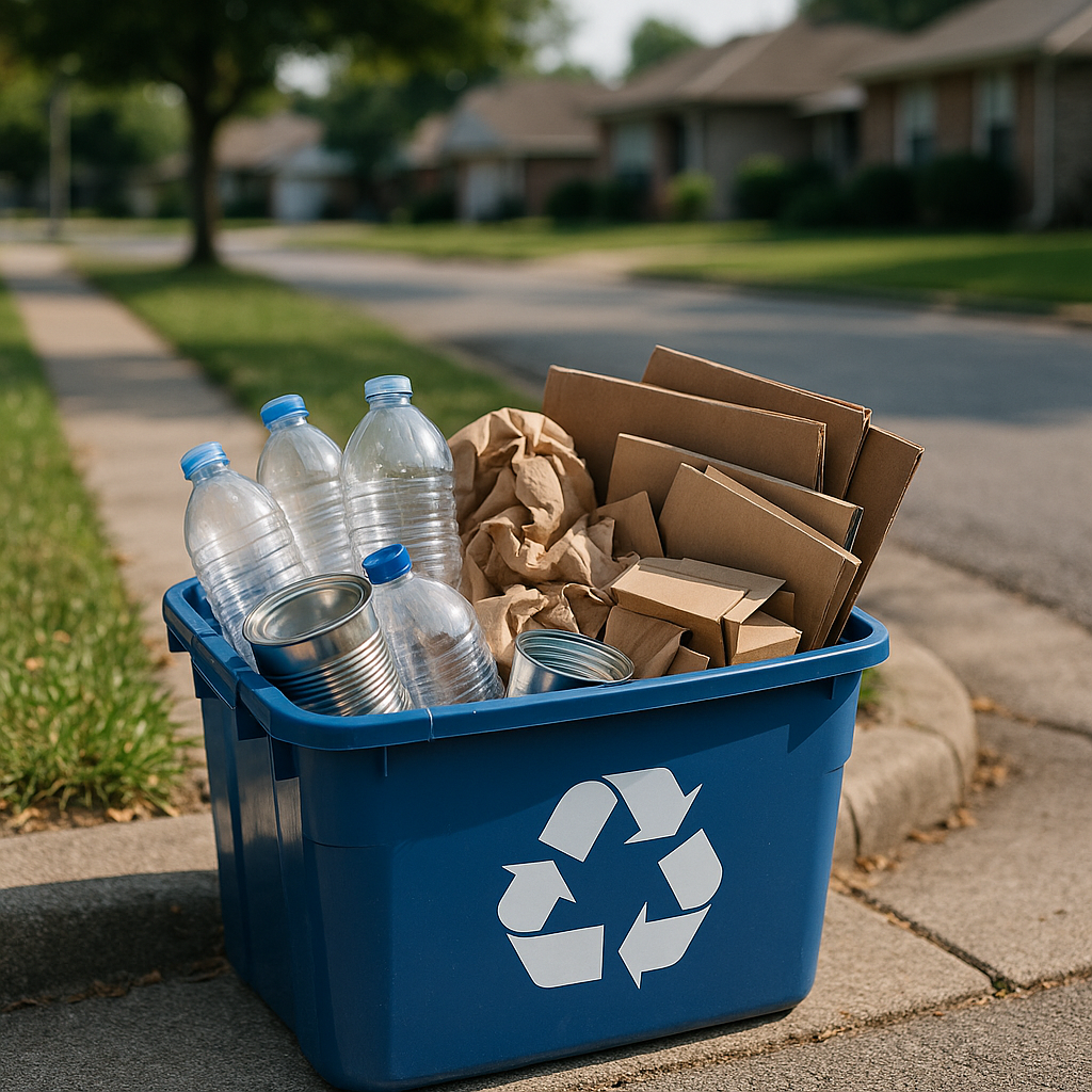 A clean recycling bin filled with empty plastic bottles, metal cans, paper, and cardboard boxes on a suburban curb next to a sidewalk in daylight.