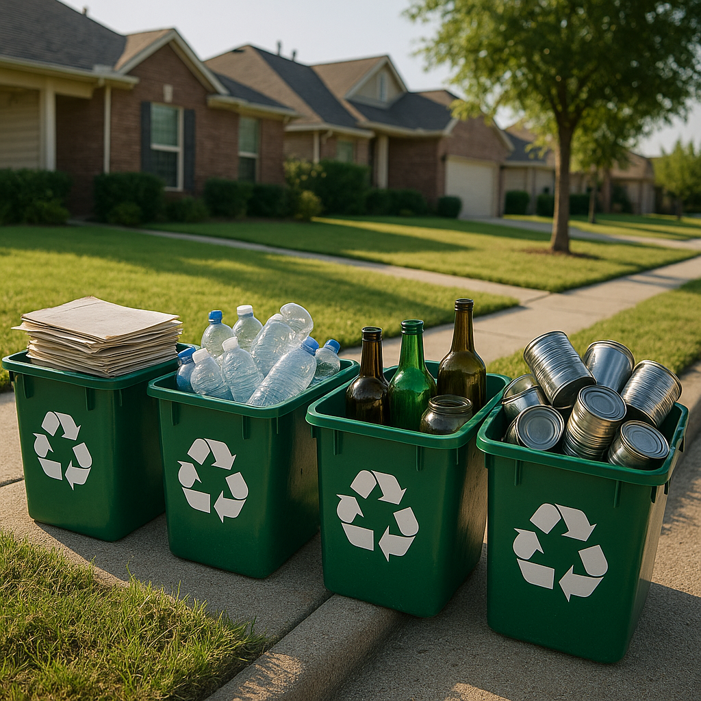 Recycling bins filled with sorted paper, plastic bottles, glass jars, and metal cans in a clean suburban Texas neighborhood under sunlight.