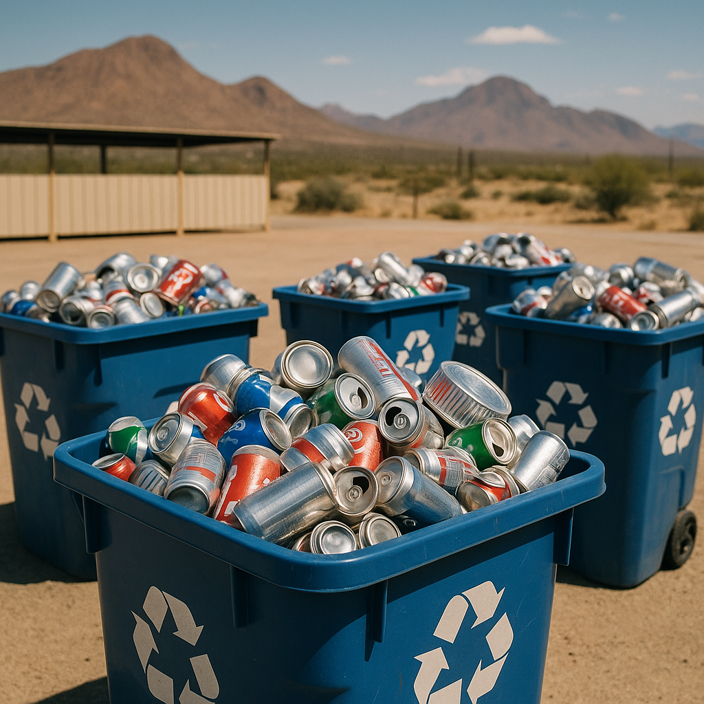Aluminum cans and containers in recycling bins with a desert landscape in the background under bright daylight.