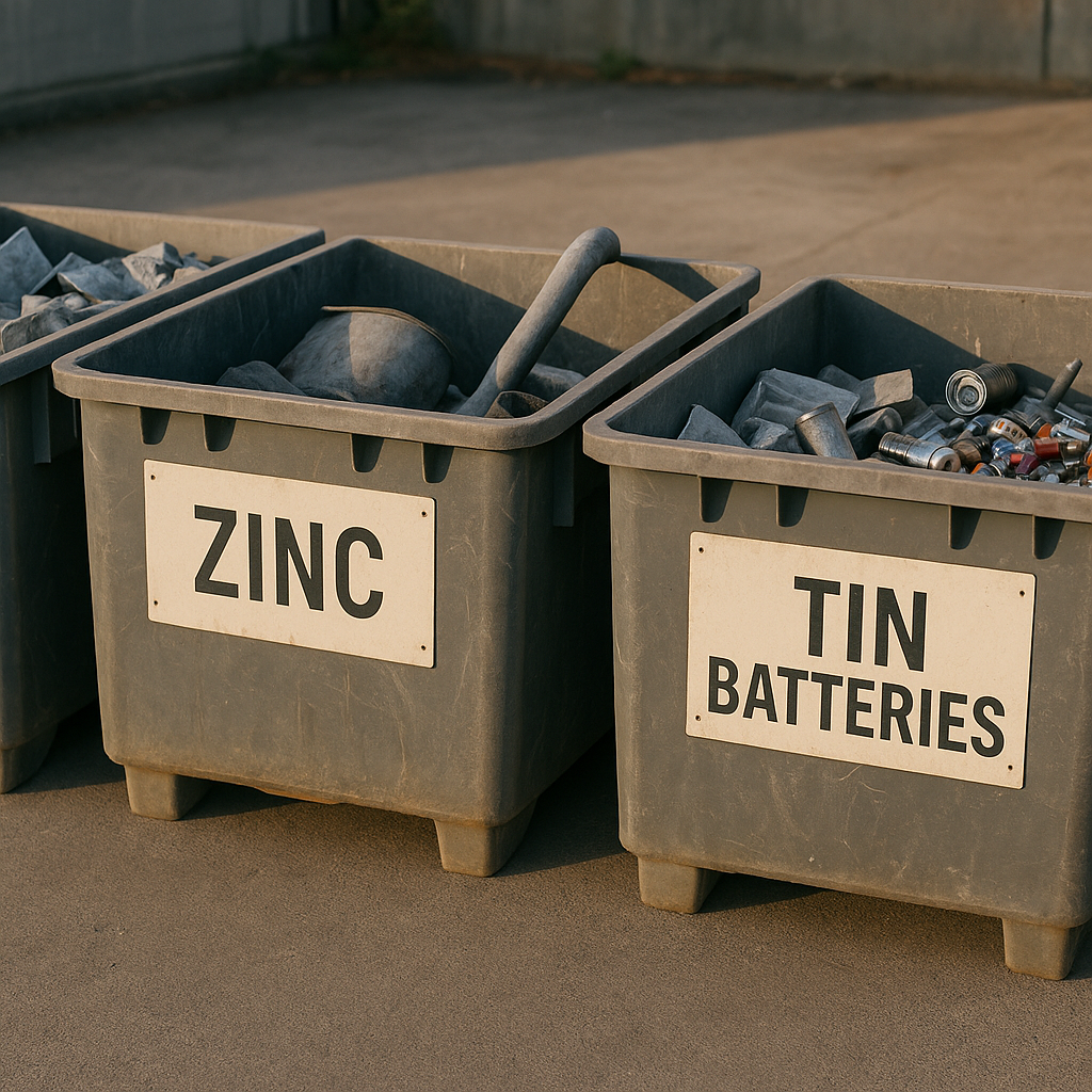 A variety of zinc, lead, and tin metal objects and batteries organized in labeled bins at a recycling center.