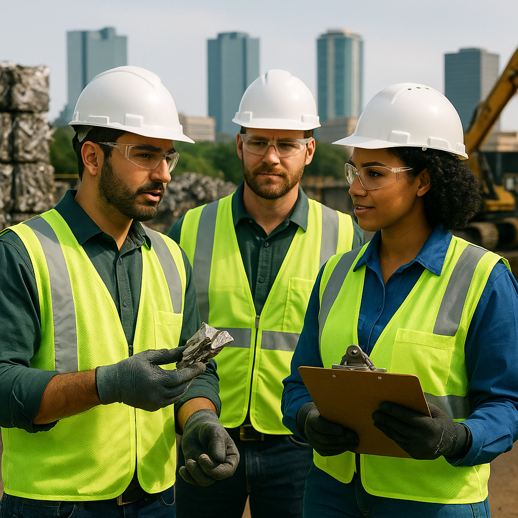 Confident recycling professionals reviewing metal samples in a Fort Worth facility with a city skyline in the background.