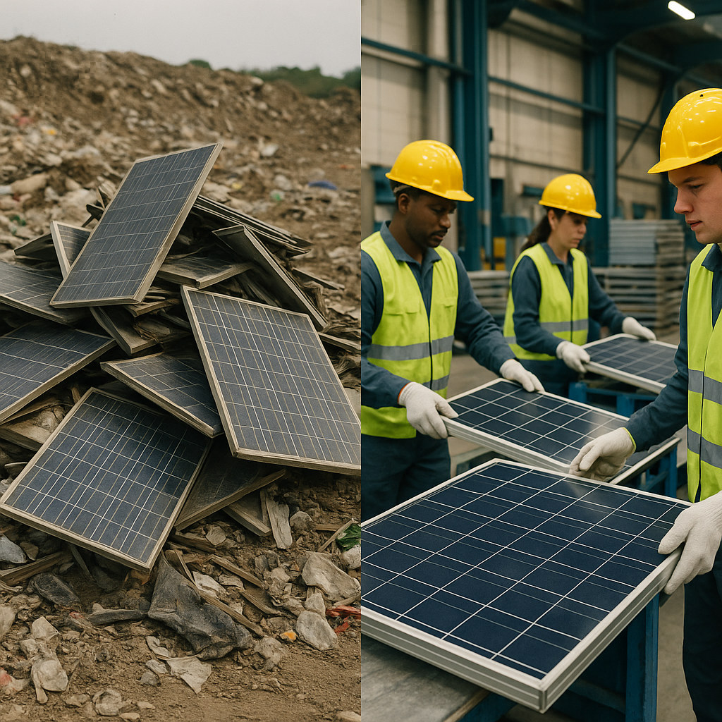 Contrasting scenes showing discarded solar panels in a landfill and workers handling solar panels for recycling in a clean facility.