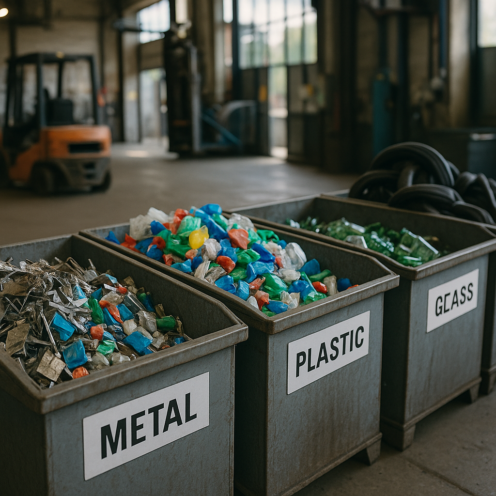 Close-up of sorted scrap piles in organized bins at a recycling facility, including metal, plastic, glass, and rubber.