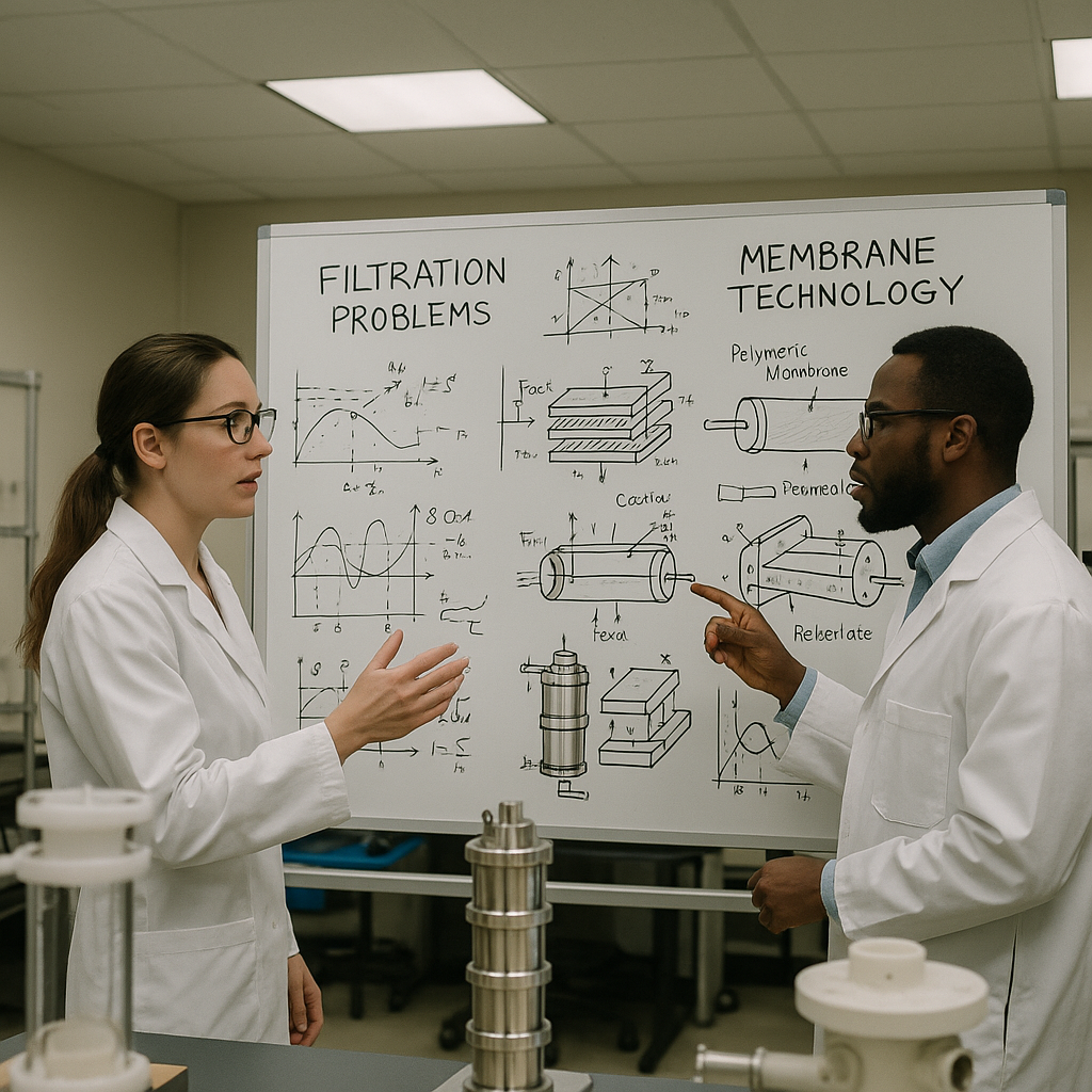Discussion on Futuristic Filtration Technologies Researchers discussing in front of a whiteboard with diagrams of filtration problems and futuristic membrane technologies in a laboratory setting with advanced filtration prototypes.