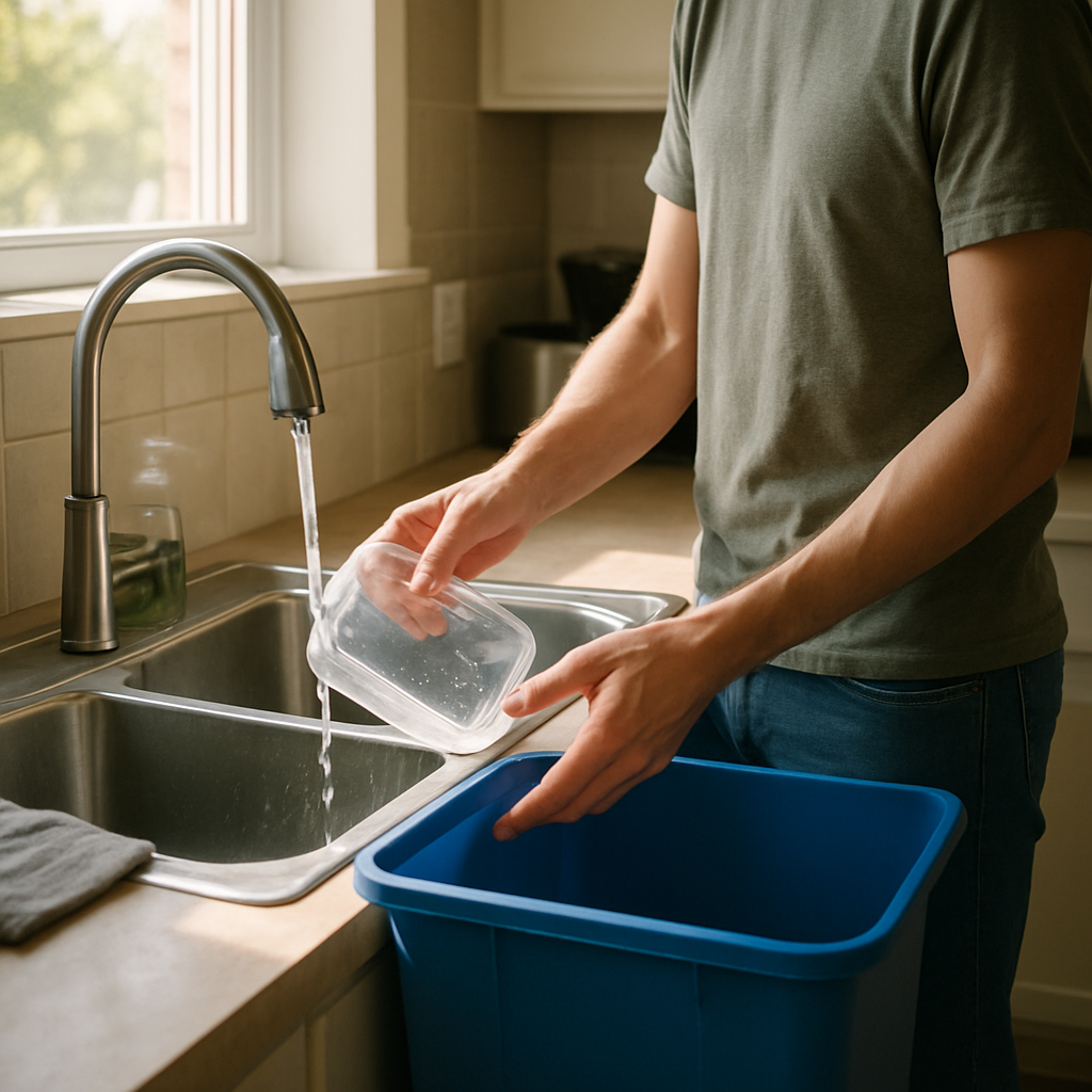 Person rinsing a plastic container at a kitchen sink before placing it in a blue recycling bin.