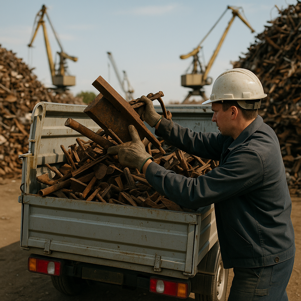 Worker loading rusted steel and iron scrap into a recycling truck at a scrapyard with cranes and piles of metal in the background on a sunny day