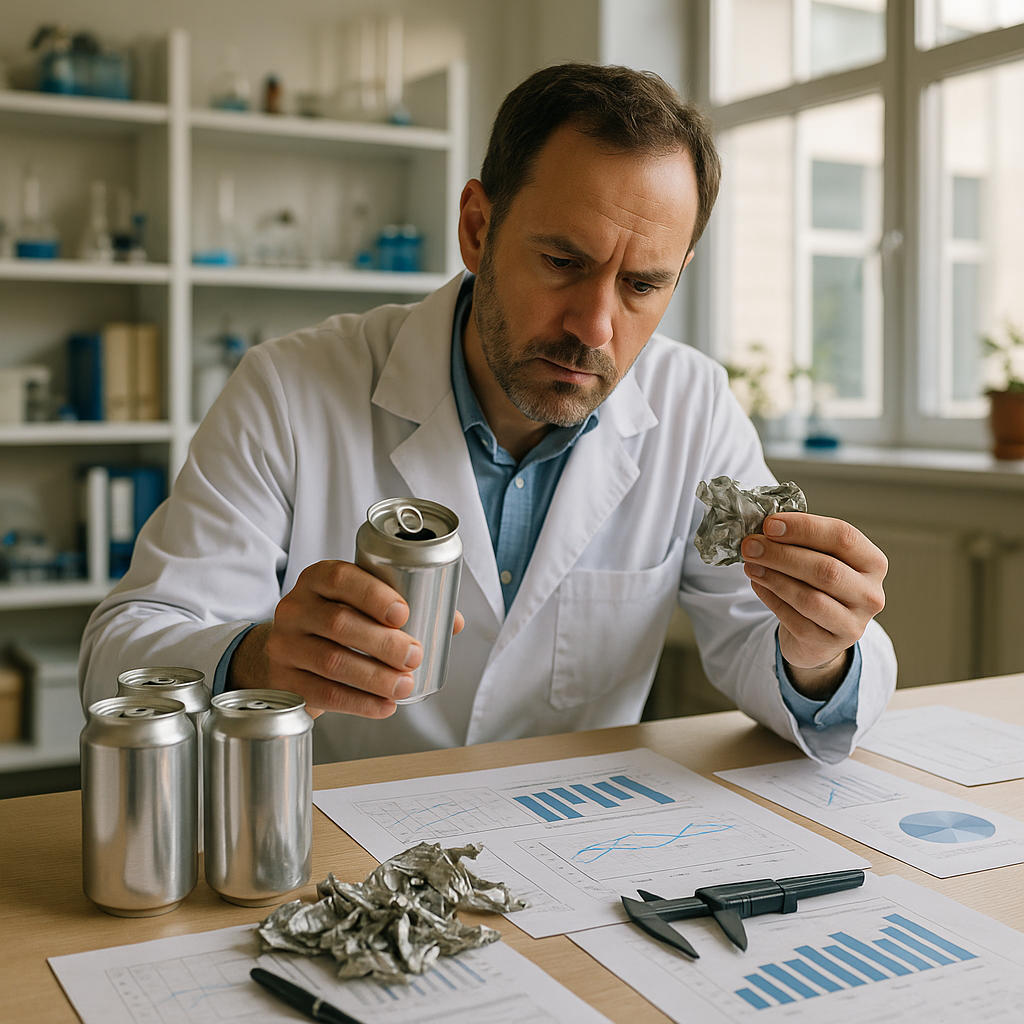 Scientist Analyzing Aluminum Cans in Laboratory Scientist examining aluminum cans and metal scraps in a bright laboratory with measurement tools and data charts on the desk.