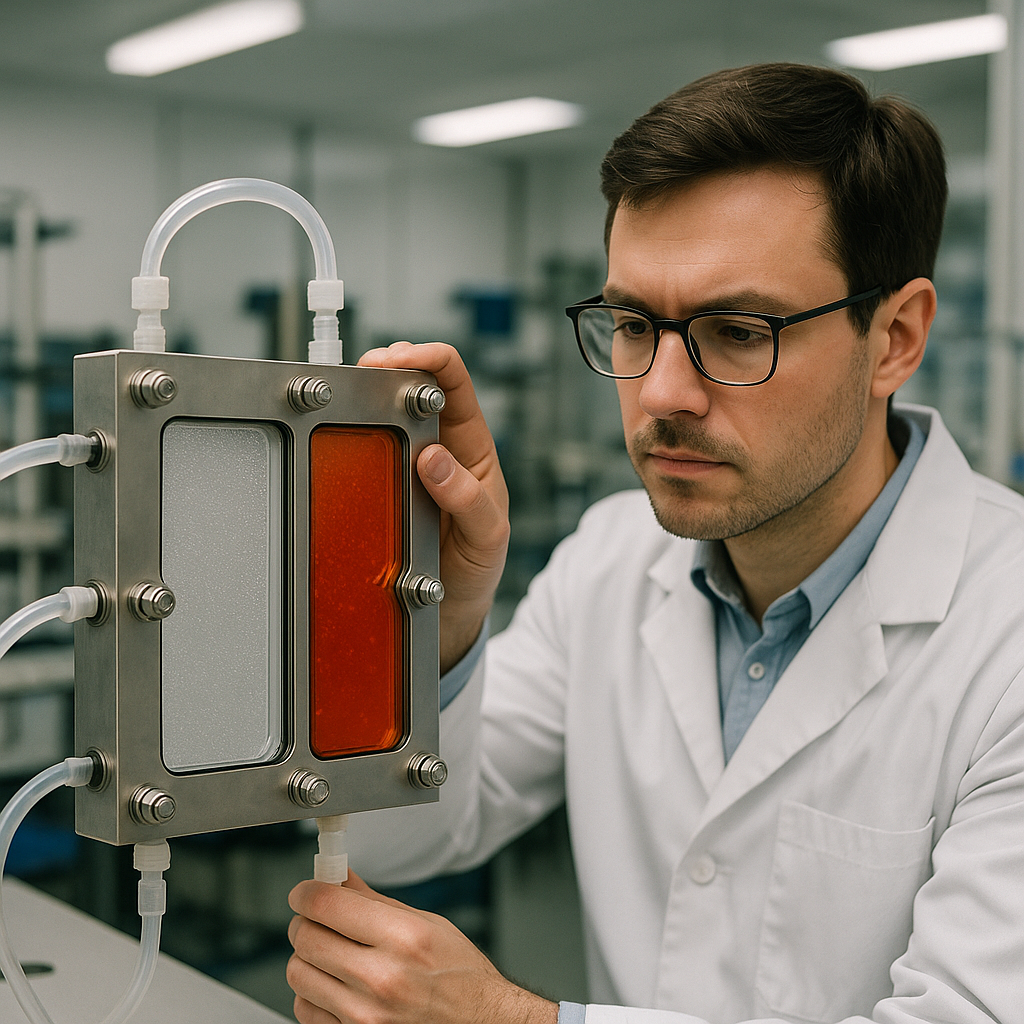 Scientist in a lab coat examining an electrodialysis unit with clear and colored liquids, focusing on intricate membrane panels in a modern laboratory.