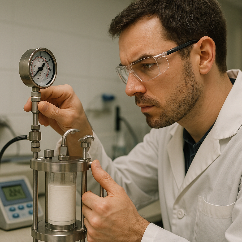 Scientist Adjusting Filtration System Close-up of a scientist adjusting a pressure gauge and examining a membrane inside a filtration system, with visible temperature and pH measurement tools in a lab setting.