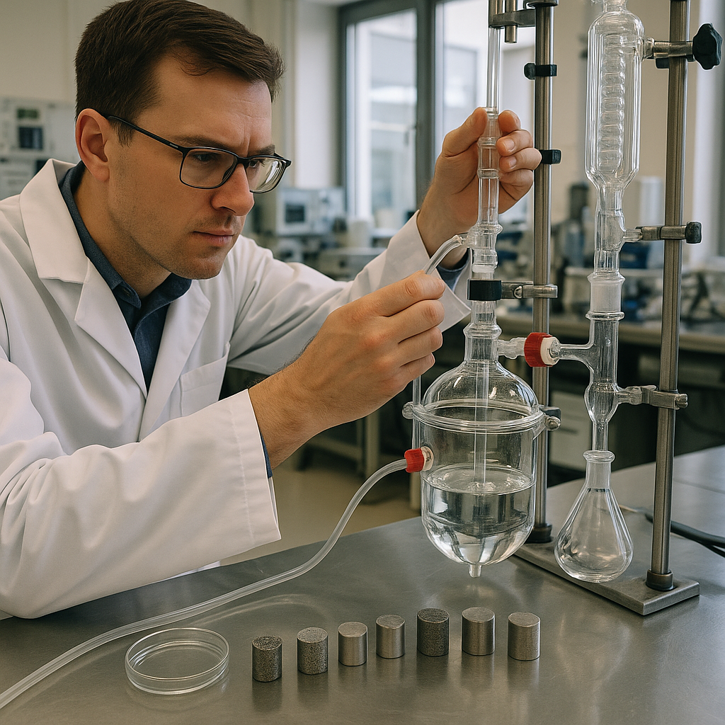 Scientist Examining Rhenium Extraction Process Scientist in lab coat examining glass reactors and filtration equipment with metal samples in a high-tech laboratory setting focused on rhenium extraction.